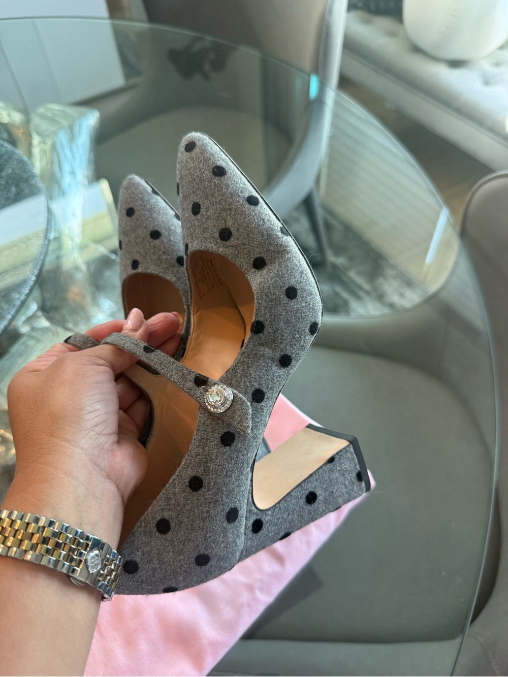 kate spade Gray Polka Dot Mary Jane Heels with Crystal Button - Picture 6 of 6